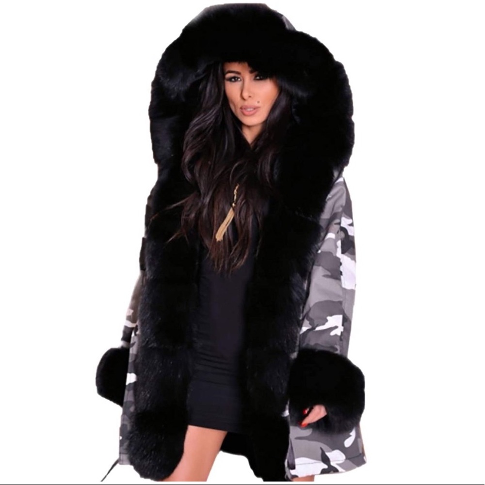Hood Coat Faux Fur Lined Overcoat Winter Camo - Picture 2 of 7